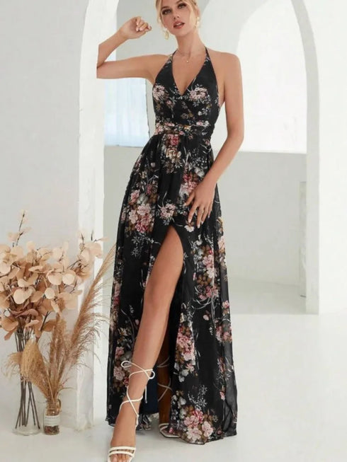 Elegant Flower Print Chiffon Dress for Women - Sexy Halter V Neck Backless Long Summer Fashion Party Dress